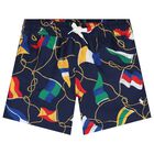 Boys Navy Blue Flag Logo Swimshorts, 1, hi-res