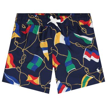 Boys Navy Blue Flag Logo Swimshorts