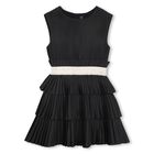 Girls Black Logo Pleated Satin Dress , 1, hi-res