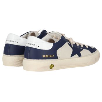 Boys Ivory & Blue Logo Leather Trainers