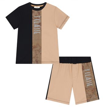 Boys Black & Beige Geo Map Shorts Set
