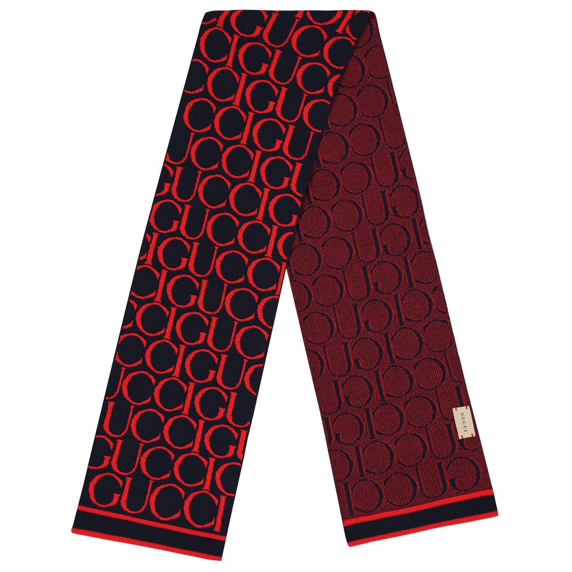 Gucci Navy Blue & Red Logo Jacquard Scarf | Junior Couture USA