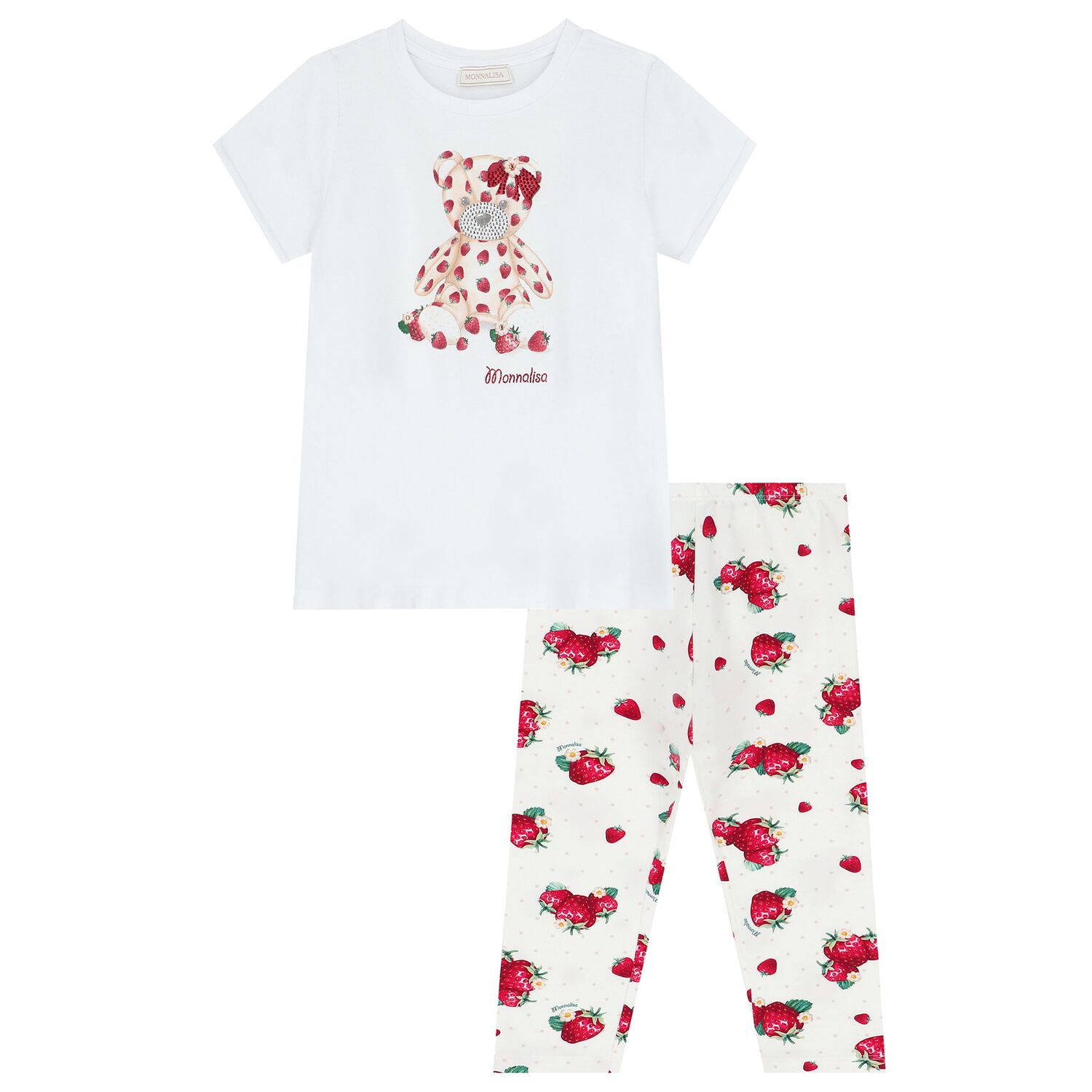 Monnalisa Girls White & Red Bear & Strawberry Leggings Set  display picture 1