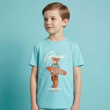Boys Aqua Teddy Bear Logo T-Shirt