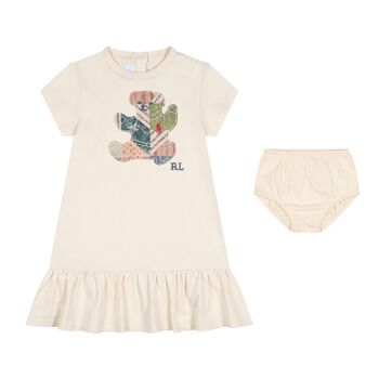 Baby Girls Ivory Patchwork Bear Dress Set