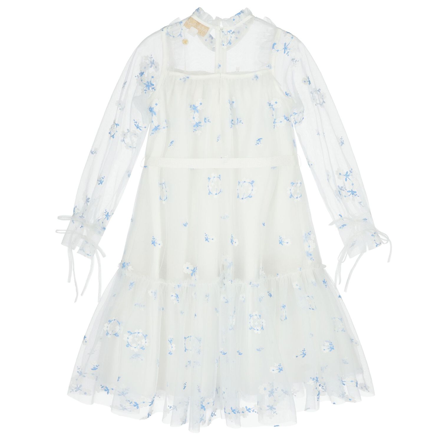 Girls White & Blue Floral Tulle Dress , 1, hi-res