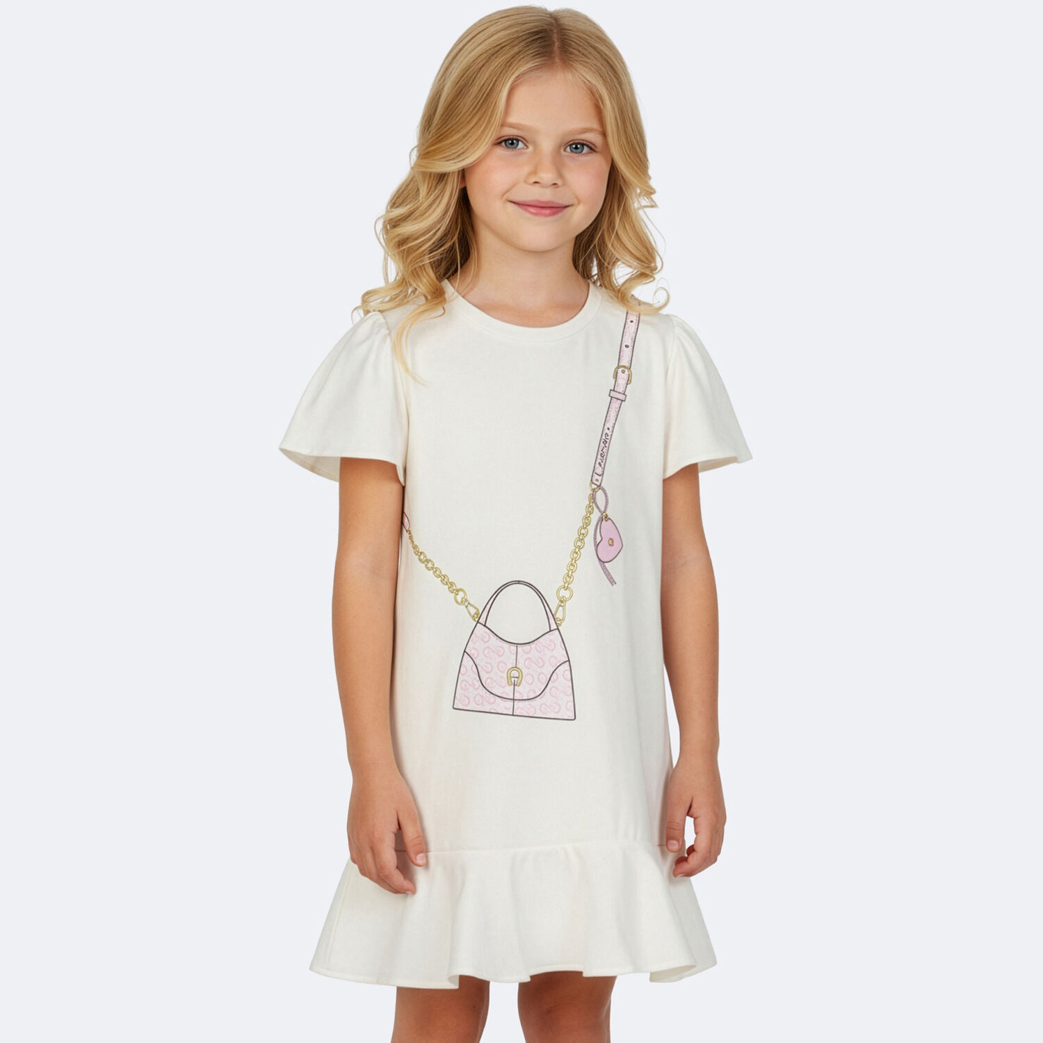 Girls Ivory & Pink Bag Logo Dress, 1, hi-res