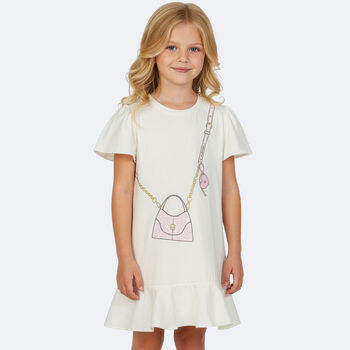 Girls Ivory & Pink Bag Logo Dress