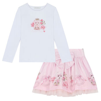 Girls White & Pink Teddy Skirt Set