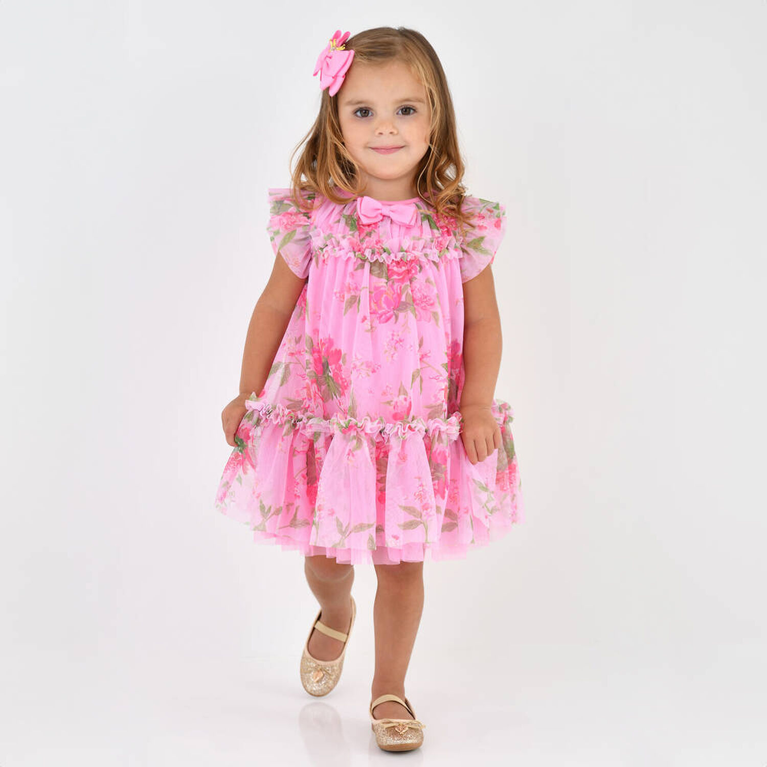 Baby Girls Pink Floral Tulle Dress, 2, hi-res image number null
