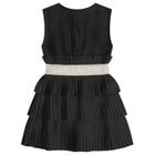 Girls Black Logo Pleated Satin Dress , 1, hi-res
