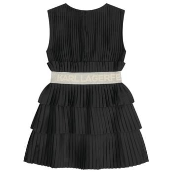 Girls Black Logo Pleated Satin Dress 