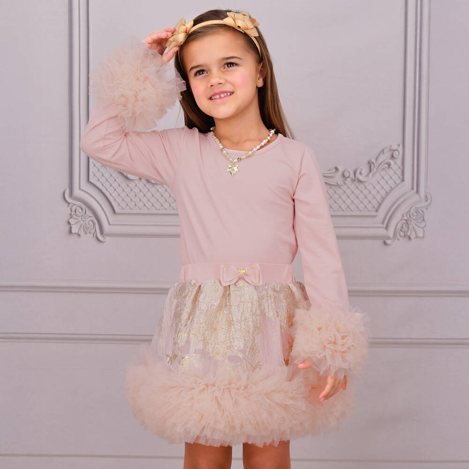 Girls Pink Tulle Cuffs Long Sleeve Top, 1, hi-res