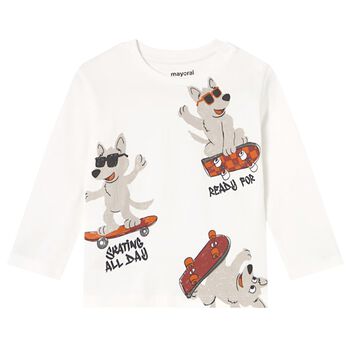 Younger Boys White Dogs Long Sleeve Top
