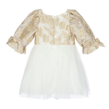 Girls White & Gold Organza Dress