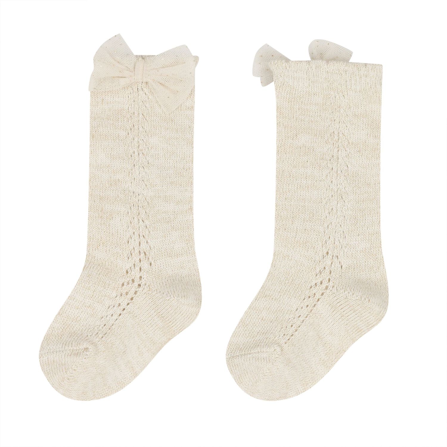 Younger Girls Beige Bow Knitted Socks, 2, hi-res