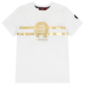 Aigner تيشيرت أولاد بالشعار باللون الأبيض و الذهبي, 1 تيشيرت أولاد بالشعار باللون الأبيض و الذهبي