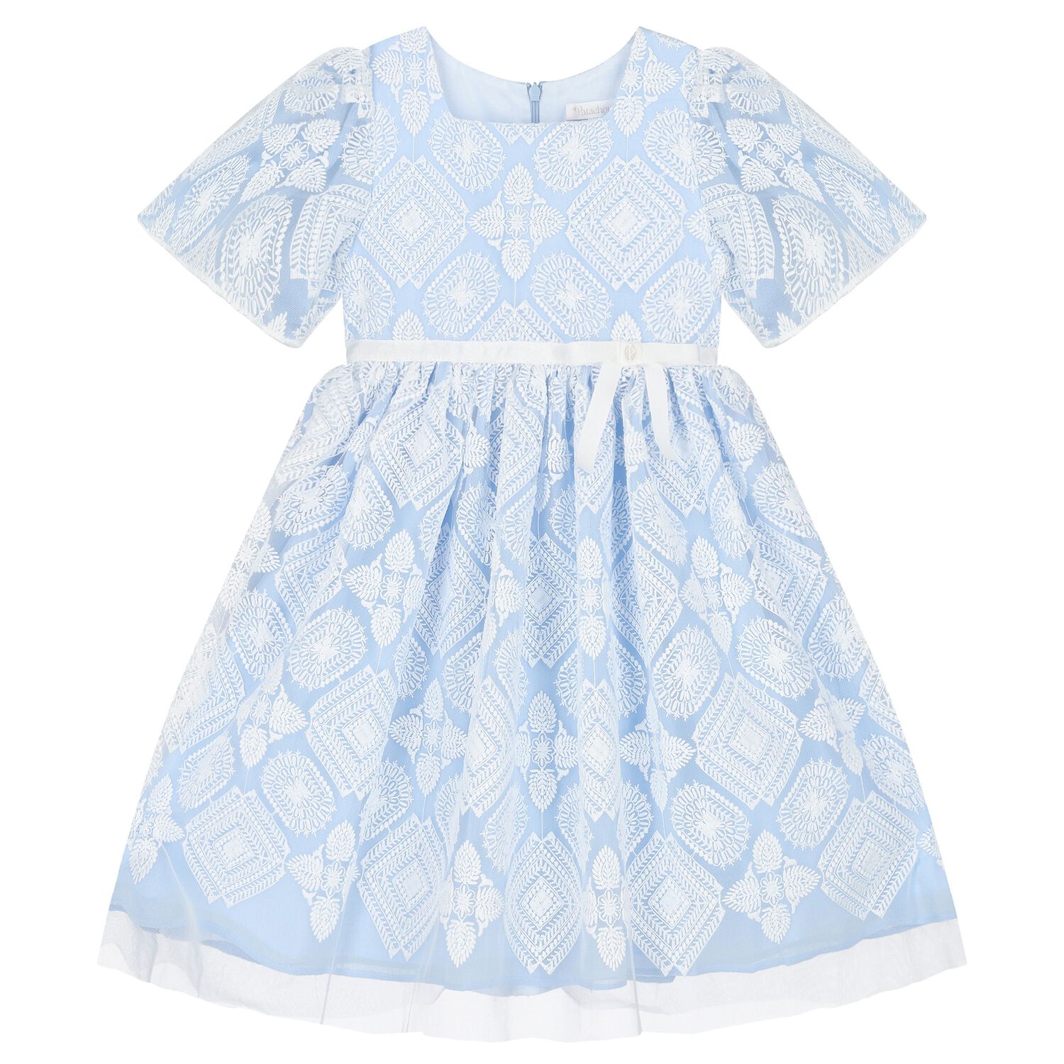 Girls Blue & White Embroidered Tulle Dress, 1, hi-res