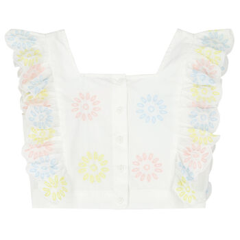 Girls White Embroidered Flower Top