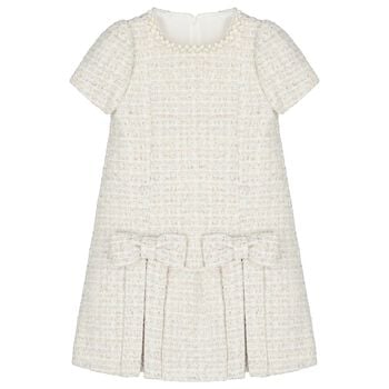 Girls Ivory Embellished Tweed Dress