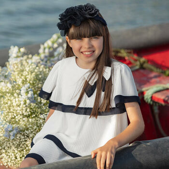 Girls White & Navy Blue Tiered Pleated Dress