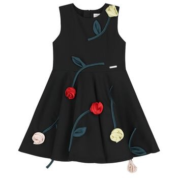 Girls Black Rose Satin Dress