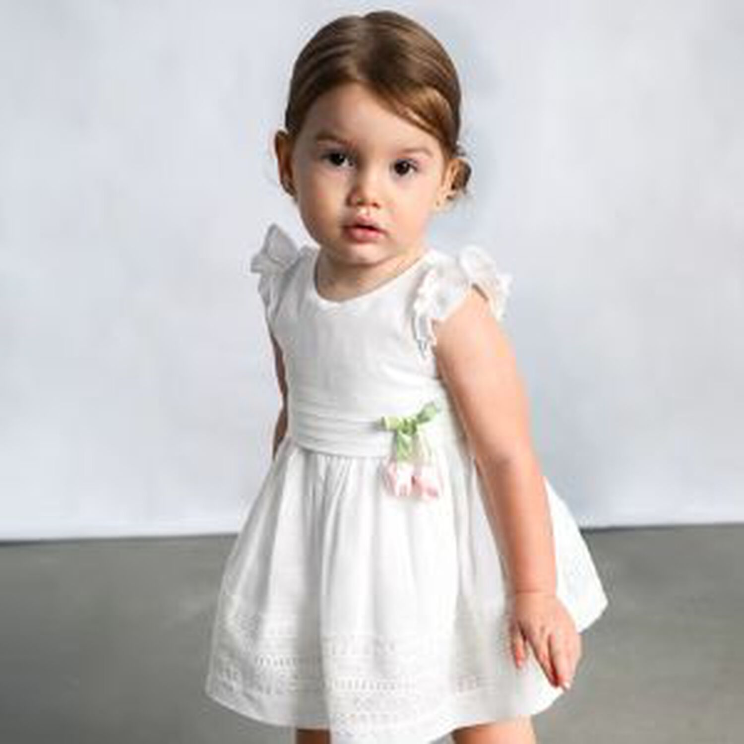 Younger Girls White Bow Dress, 1, hi-res