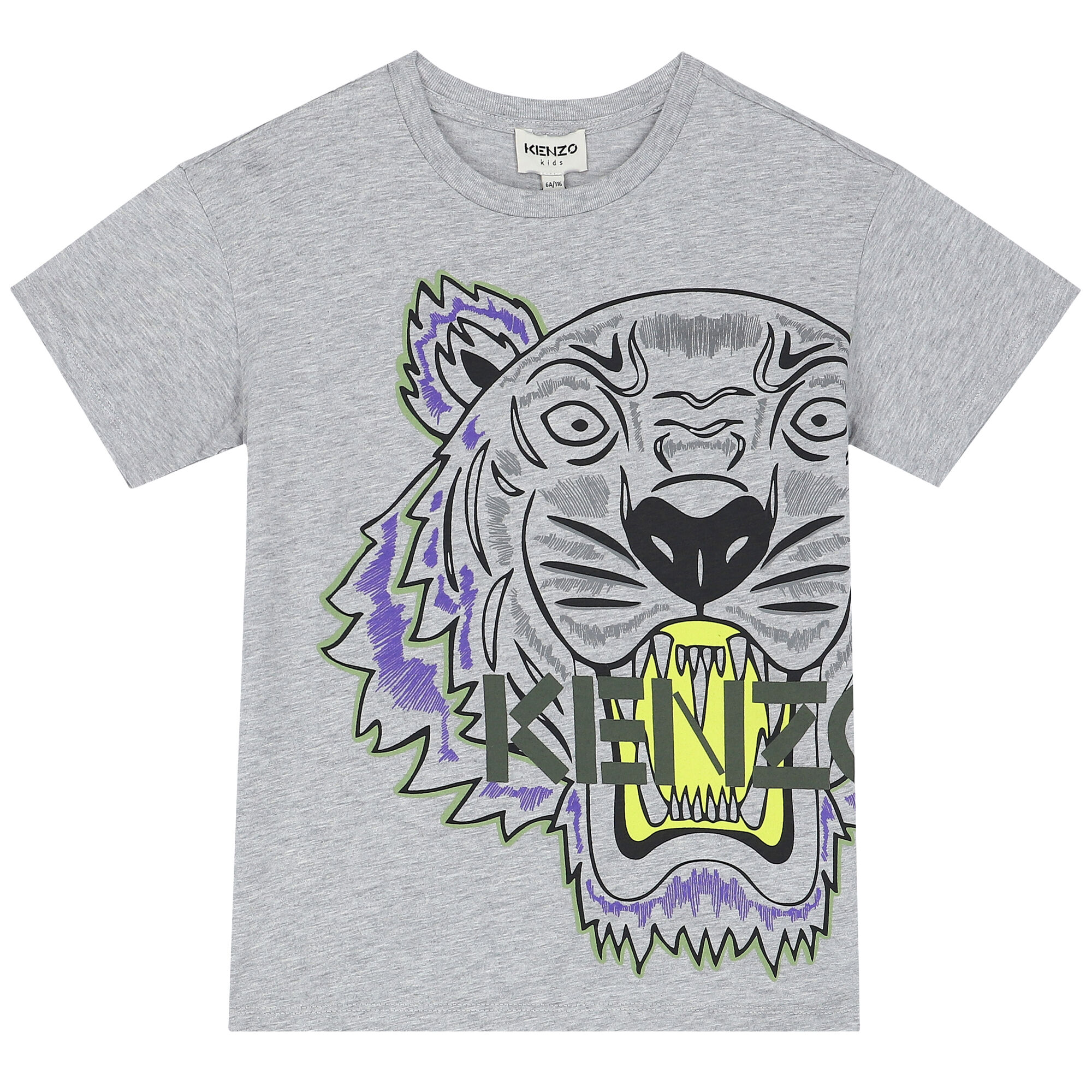 KENZO KIDS Boys Grey Tiger Logo T Shirt Junior Couture