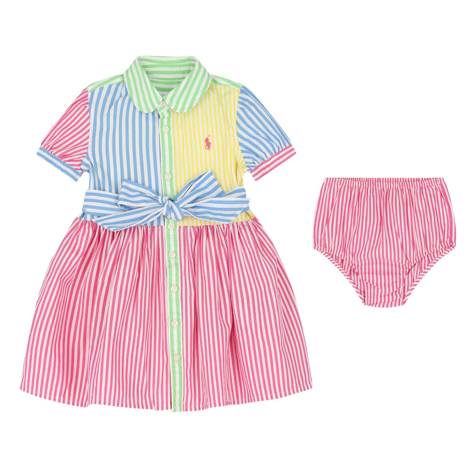 Baby Girls Pink, Yellow & Blue Stripe Shirt Dress, 1, hi-res