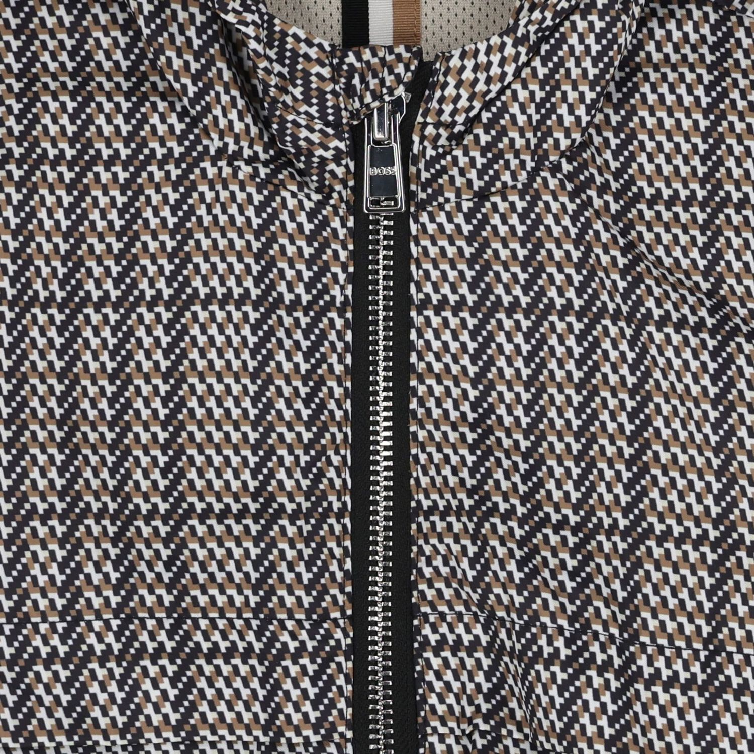 Younger Boys Black, Beige & White Checked Hooded Zip Up Top, 1, hi-res