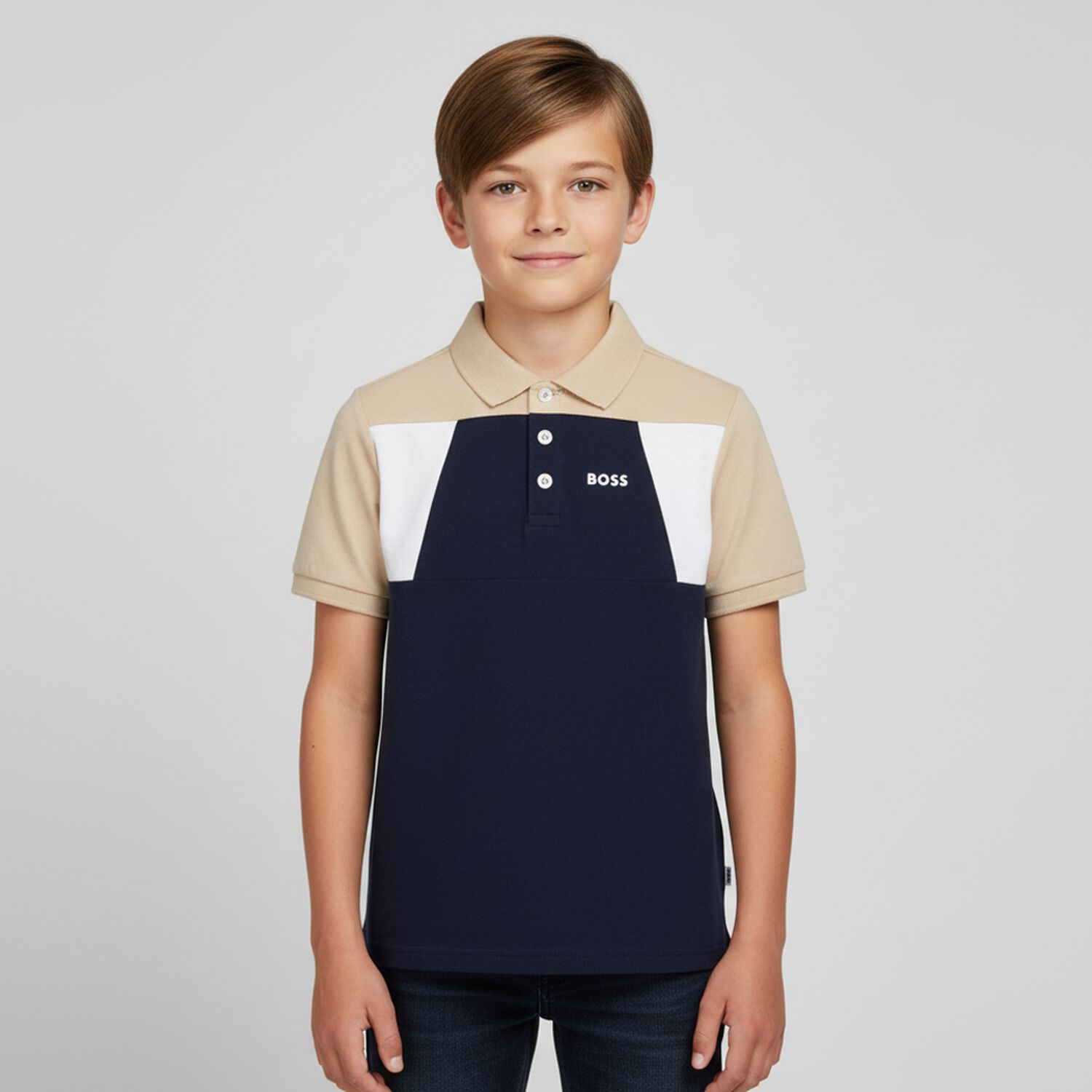 Boys Navy Blue & Beige Polo Shirt, 1, hi-res