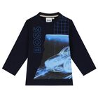 Younger Boys Navy Blue Logo Long Sleeve Top, 1, hi-res