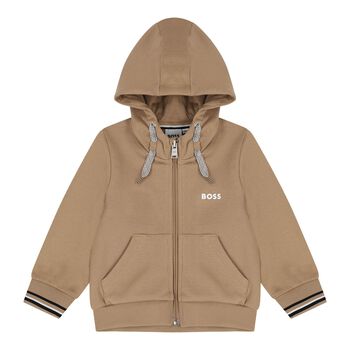 Younger Boys Beige Logo Hooded Zip Up Top