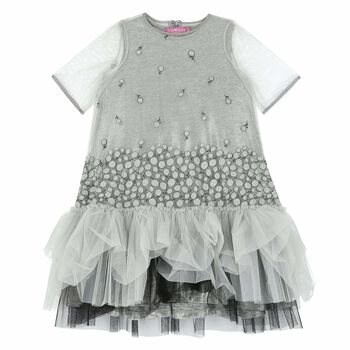 Girls Silver & Grey Lace Dress