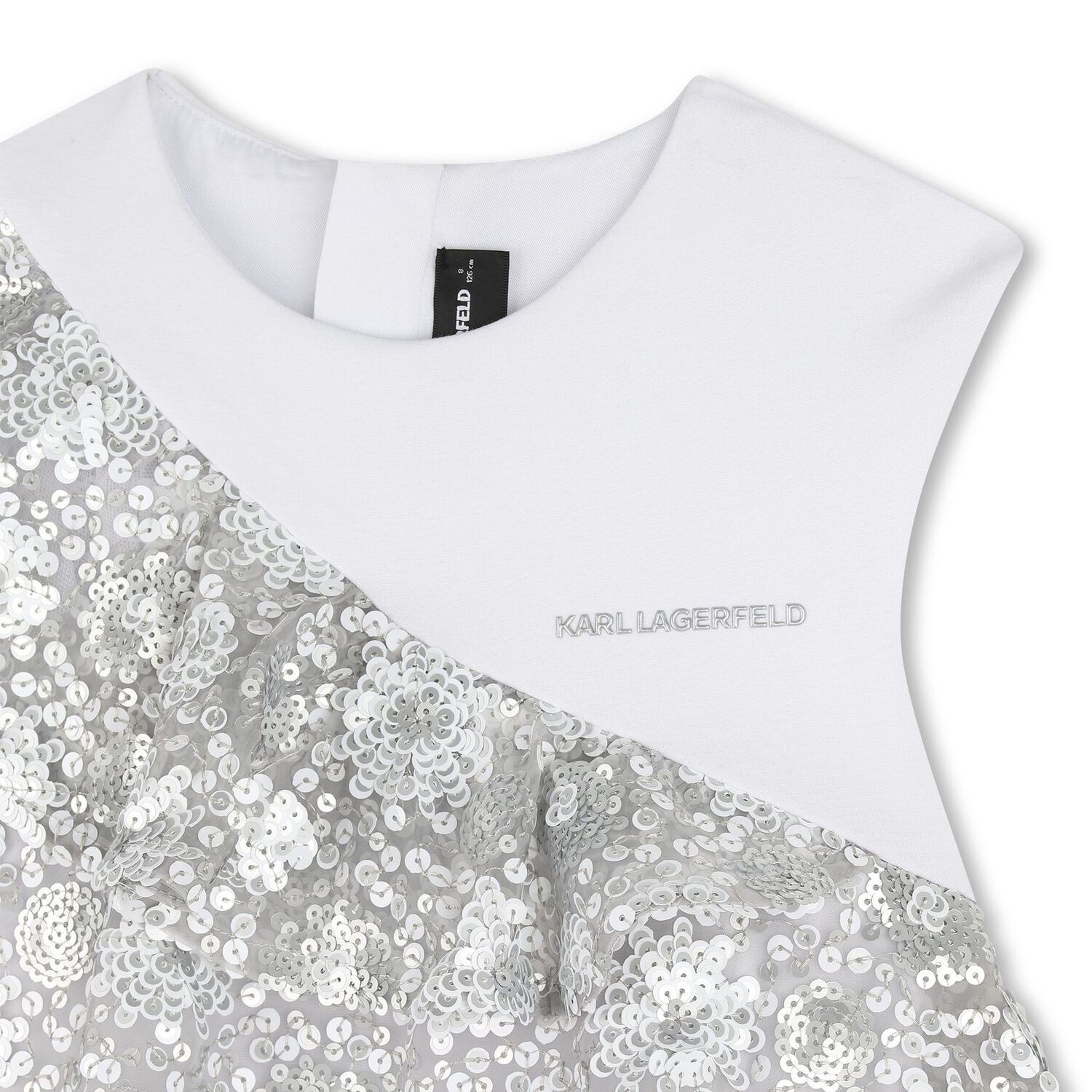 Girls White & Silver Logo Sequinned Organza Dress , 1, hi-res