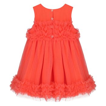 Younger Girls Coral Ruffled Tulle Dress