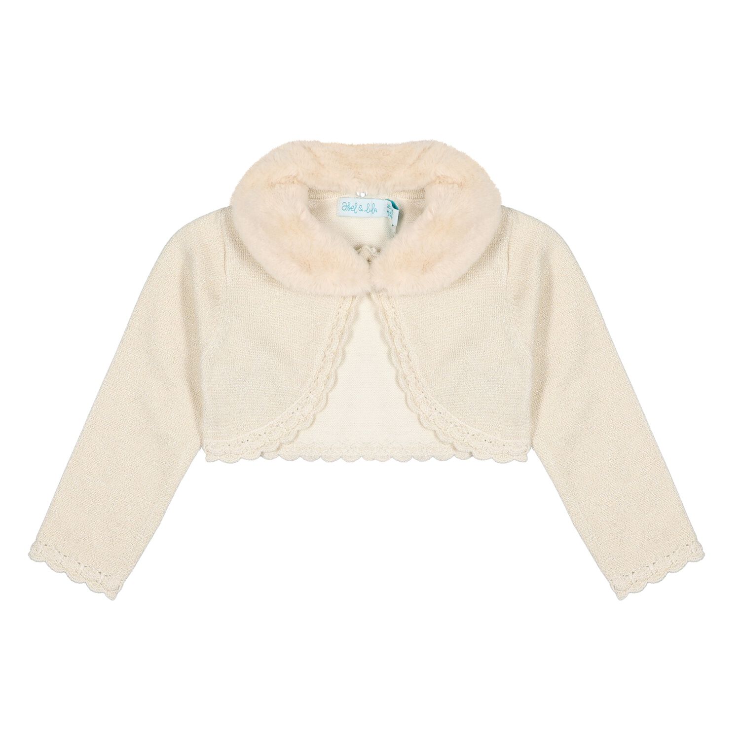 Younger Girls Beige Faux Fur Collar Cardigan, 1, hi-res
