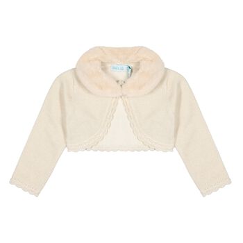 Younger Girls Beige Faux Fur Collar Cardigan