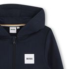 Boys Navy Blue Logo Hooded Zip Up Top, 2, hi-res