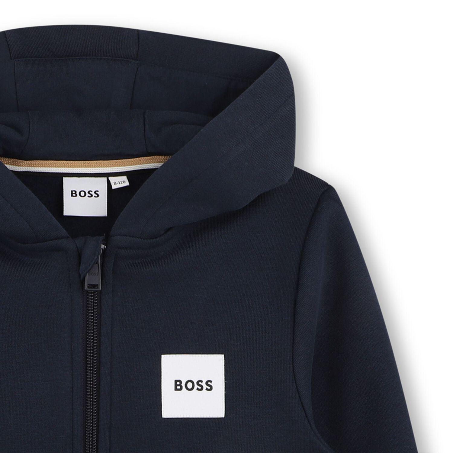 Boys Navy Blue Logo Hooded Zip Up Top, 2, hi-res