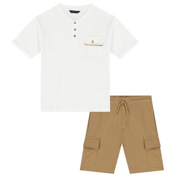 Boys White & Beige Shorts Set
