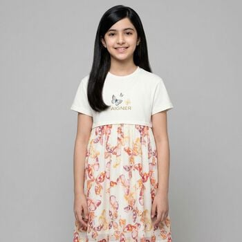 Girls Ivory & Pink Butterflies Logo Dress