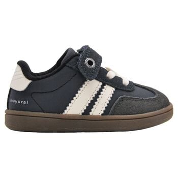 Younger Boys Navy Blue & White Leather Trainers