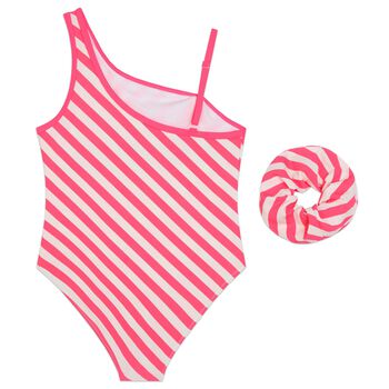 Girls White & Pink Striped Logo Swimsuit