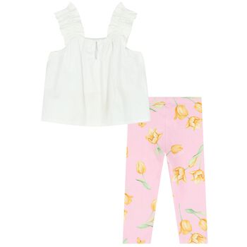 Girls White & Pink Floral Leggings Set