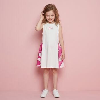 Girls White & Pink Logo Flared Dress 