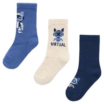Boys Blue, Ivory & Navy Blue Robot Socks ( 3-Pack ) 