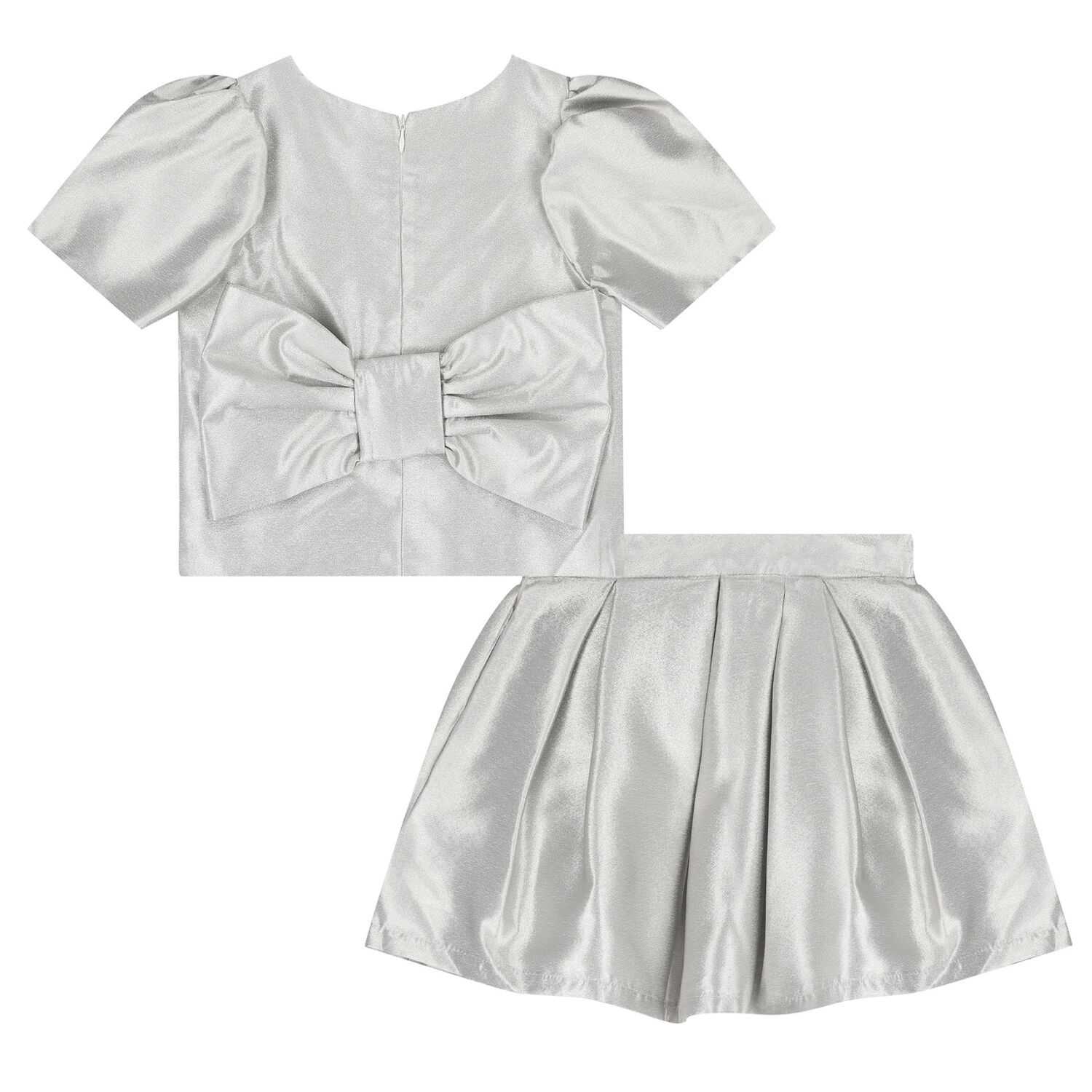 Girls Silver Metallic Bow Skirt Set, 1, hi-res