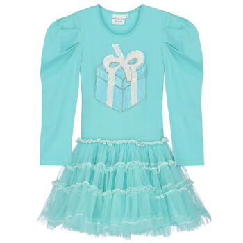 Girls Aqua Embellished Sequin Tulle Dress