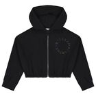 Girls Black Logo Hooded Zip Up Top, 1, hi-res